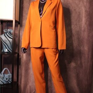 Bold Orange High-Waisted Pantsuit with Relaxed Blazer